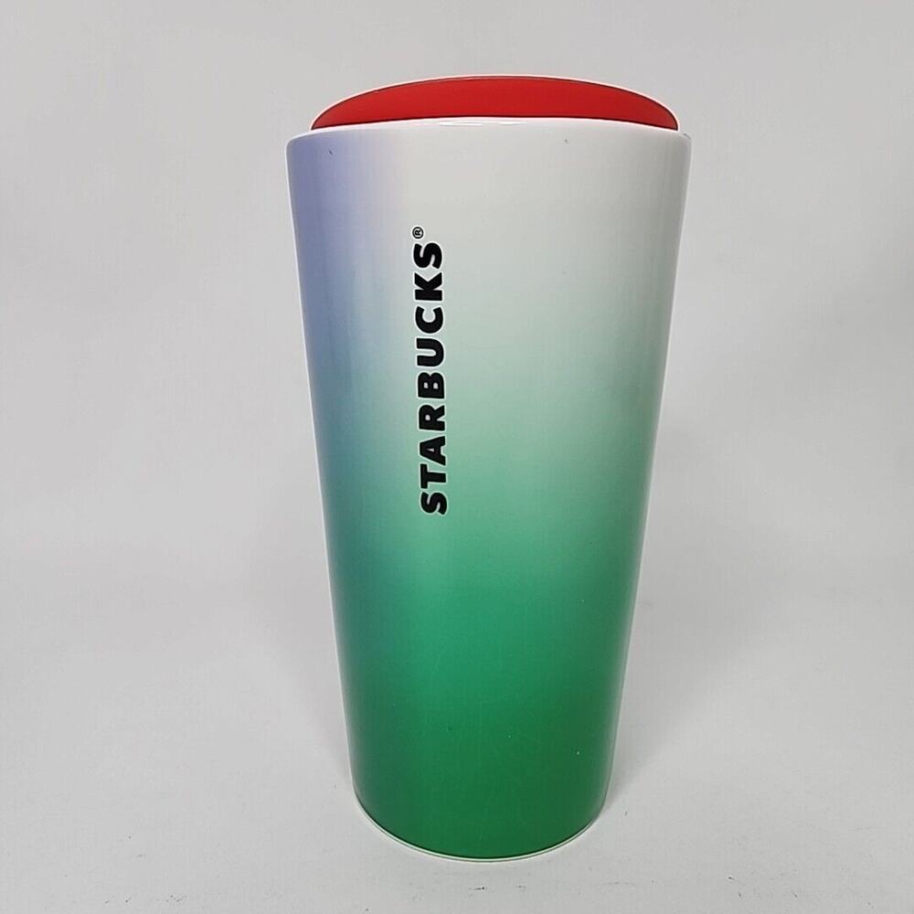 2022 Starbucks Ceramic Tumbler 12oz Gradient Ombre Green Blue Red Swivel Lid